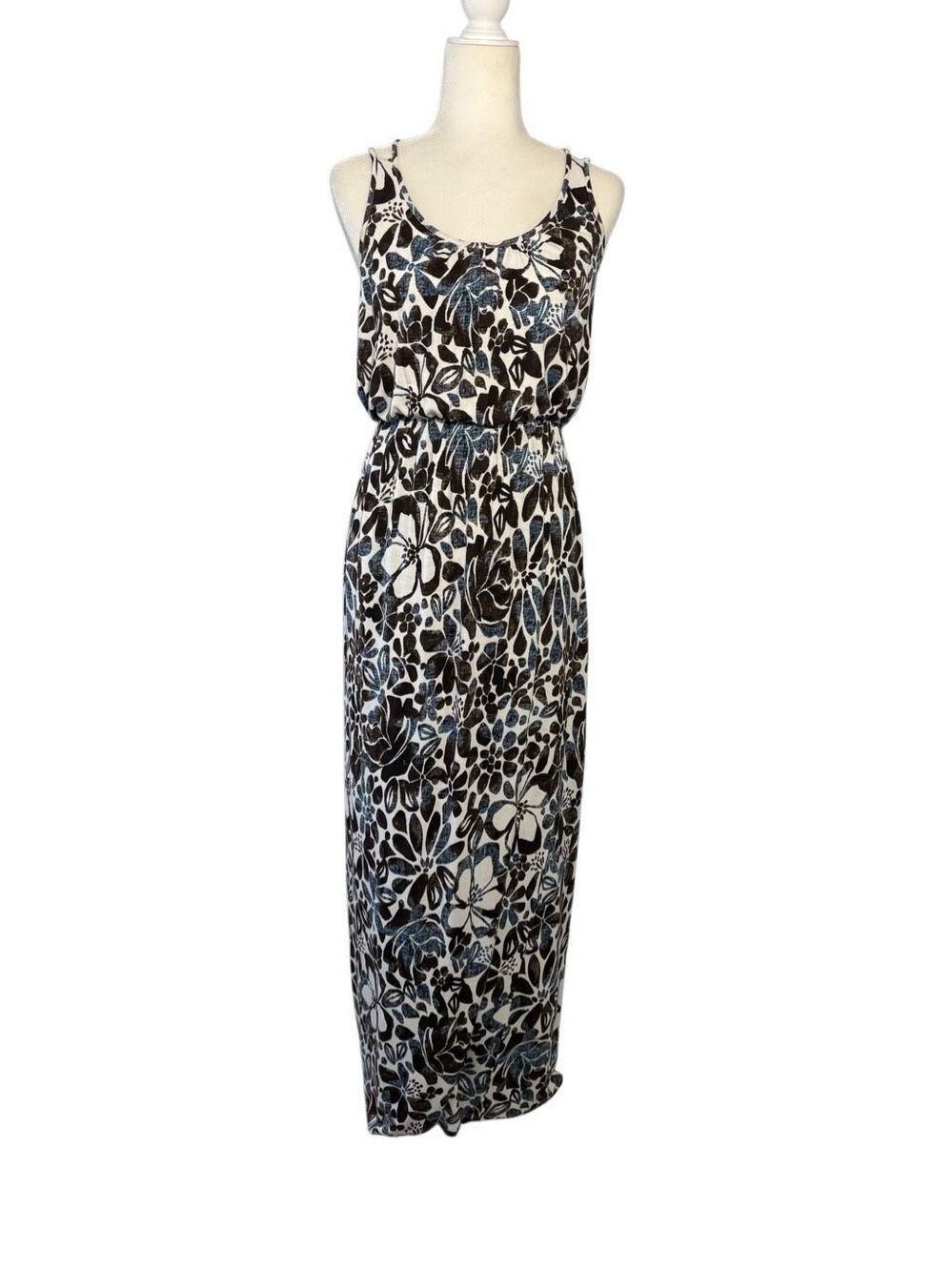 LOFT brown and blue tropical floral sleeveless faux wrap maxi dress - M